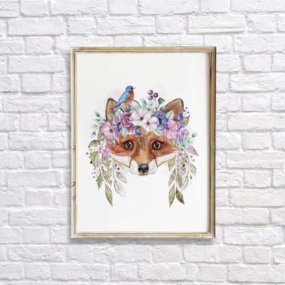 Fox with Flowers Watercolor Graphic Wall Art Room Decor Digital Printable