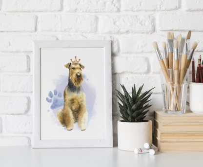 Airedale Terrier Dog with Crown Watercolor Graphic Wall Art Room Deco Printable