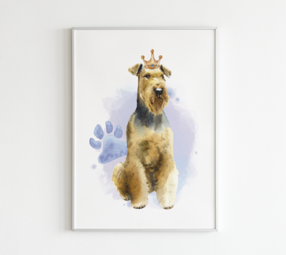 Airedale Terrier Dog with Crown Watercolor Graphic Wall Art Room Deco Printable