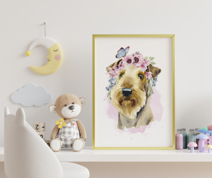 Airedale Terrier Dog with Flowers Watercolor Graphic Wall Art Room Deco Printable