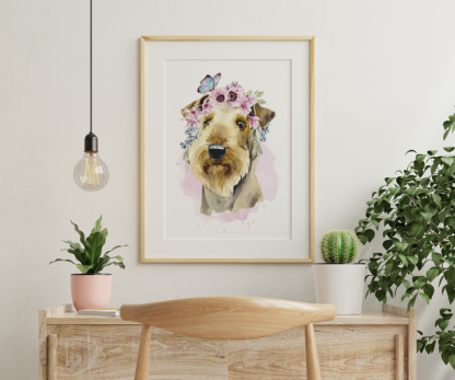 Airedale Terrier Dog with Flowers Watercolor Graphic Wall Art Room Deco Printable