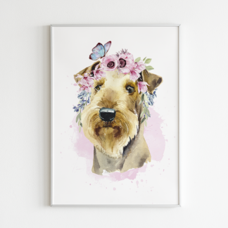 Airedale Terrier Dog with Flowers Watercolor Graphic Wall Art Room Deco Printable
