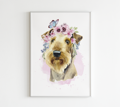 Airedale Terrier Dog with Flowers Watercolor Graphic Wall Art Room Deco Printable