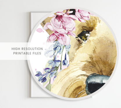 Airedale Terrier Dog with Flowers Watercolor Graphic Wall Art Room Deco Printable