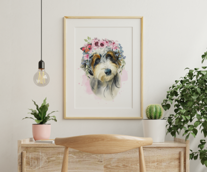 Australian Doodle Dog with Flowers Watercolor Graphic Wall Art Room Deco Printable