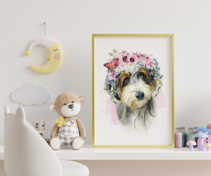 Australian Doodle Dog with Flowers Watercolor Graphic Wall Art Room Deco Printable
