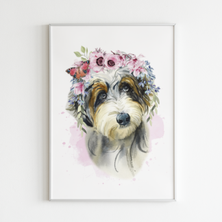 Australian Doodle Dog with Flowers Watercolor Graphic Wall Art Room Deco Printable