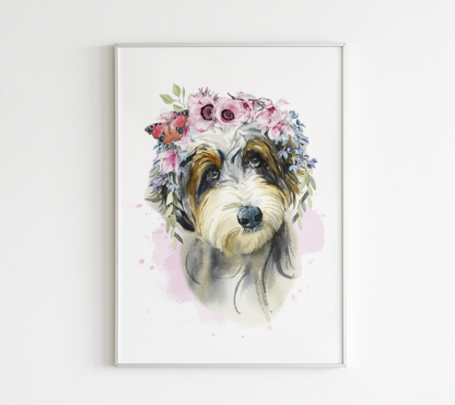 Australian Doodle Dog with Flowers Watercolor Graphic Wall Art Room Deco Printable