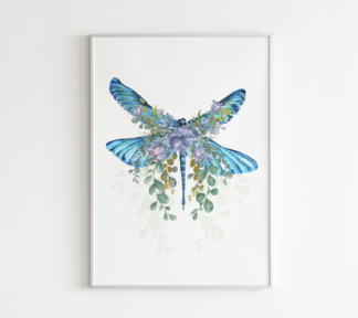 Dragonfly with Flowers Watercolor Graphic Wall Art Room Deco (Blue)