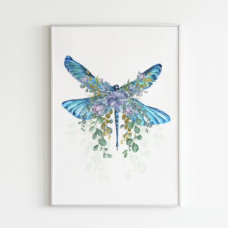 Dragonfly with Flowers Watercolor Graphic Wall Art Room Deco (Blue)