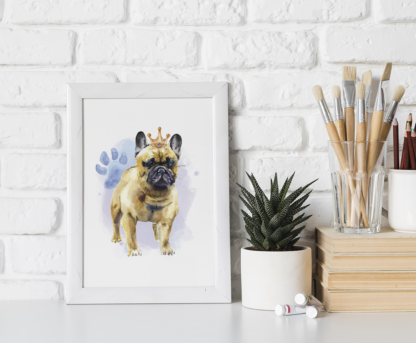 Bulldog with Crown Watercolor Graphic Wall Art Room Deco Printable