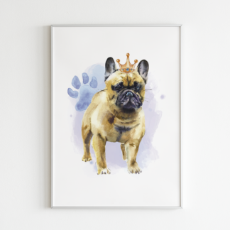 Bulldog with Crown Watercolor Graphic Wall Art Room Deco Printable
