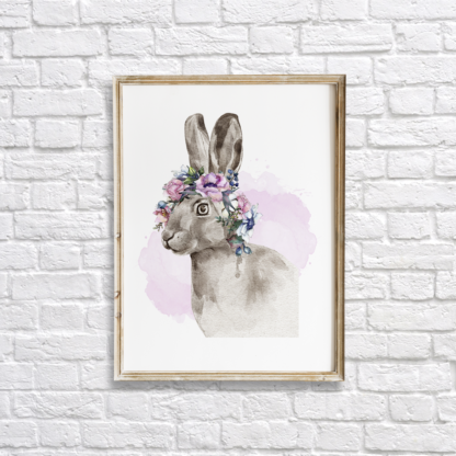 Bunny with Flowers Watercolor Hand Drawn Wall Art Room Decor Graphic