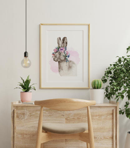 Bunny with Flowers Watercolor Hand Drawn Wall Art Room Decor Graphic