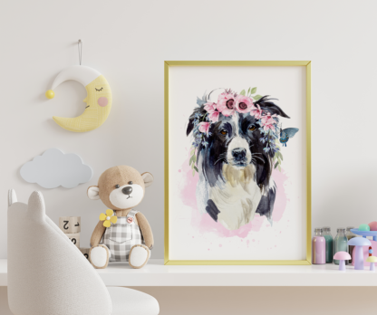 Collie Dog with Flowers Watercolor Graphic Wall Art Room Deco Printable