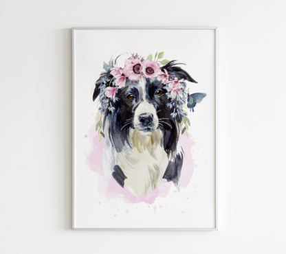 Collie Dog with Flowers Watercolor Graphic Wall Art Room Deco Printable