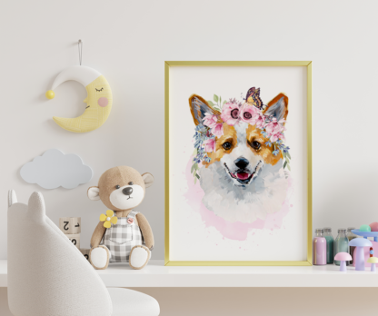 Corgi Dog with Flowers Watercolor Graphic Wall Art Room Deco Printable