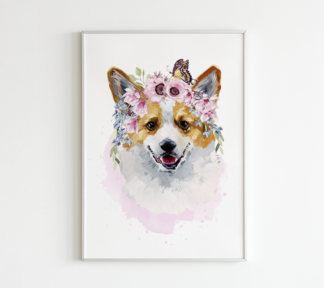 Corgi Dog with Flowers Watercolor Graphic Wall Art Room Deco Printable