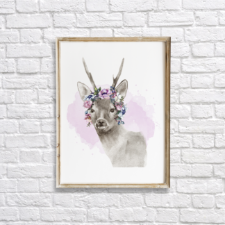 Doe Deer with Flowers Watercolor Hand Drawn Wall Art Room Decor Graphic