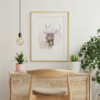 Stag Deer with Flowers, Hand Drawn Wolf with Watercolor Flowers Wall Art Room Decor Graphic