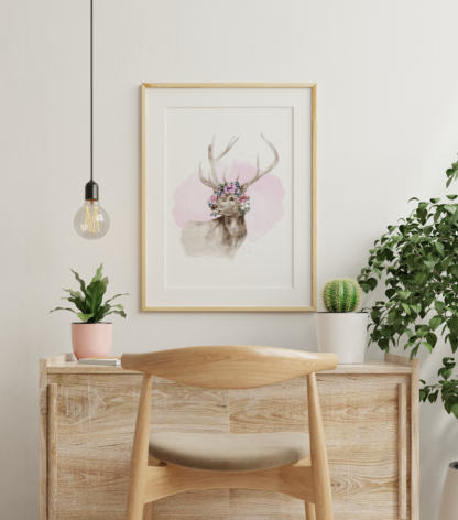 Stag Deer with Flowers, Hand Drawn Wolf with Watercolor Flowers Wall Art Room Decor Graphic