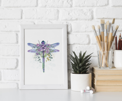 Dragonfly with Flowers Watercolor Graphic Wall Art Room Deco