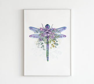 Dragonfly with Flowers Watercolor Graphic Wall Art Room Deco