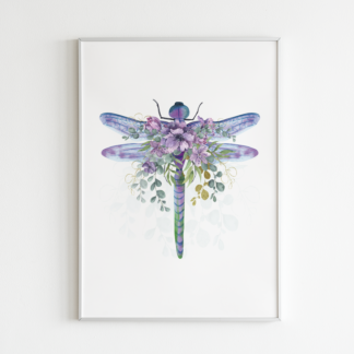 Dragonfly with Flowers Watercolor Graphic Wall Art Room Deco