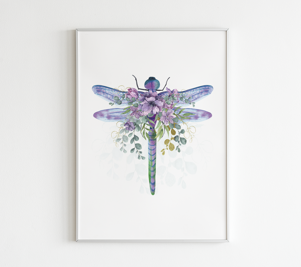 dragonfly with flowers wall art graphic printable
