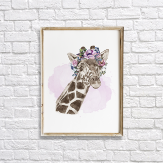 Giraffe with Flowers, Hand Drawn Wolf with Watercolor Flowers Wall Art Room Decor Graphic