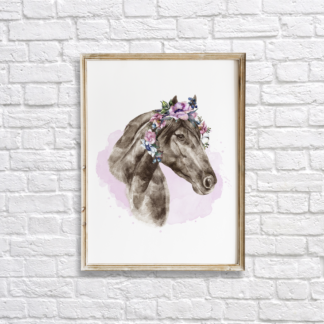 Horse with Flowers Watercolor Hand Drawn Wall Art Room Decor Graphic