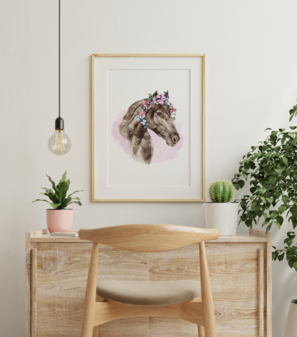 Horse with Flowers Watercolor Hand Drawn Wall Art Room Decor Graphic