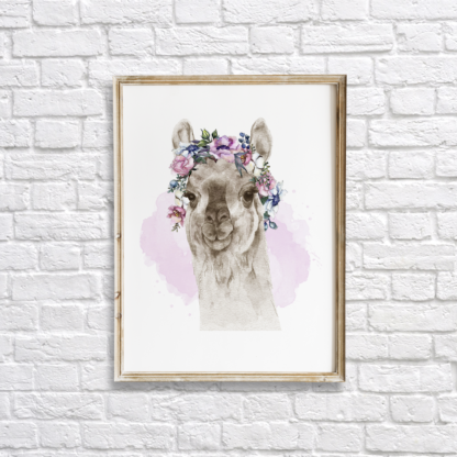 Llama with Flowers Watercolor Hand Drawn Wall Art Room Decor Graphic