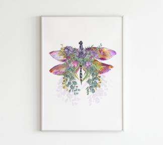 Dragonfly with Flowers Watercolor Graphic Wall Art Room Deco (Magenta/Purple)