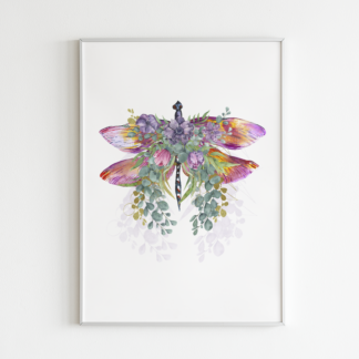 Dragonfly with Flowers Watercolor Graphic Wall Art Room Deco (Magenta/Purple)
