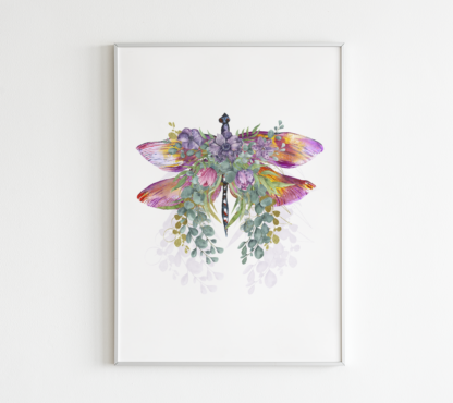 Dragonfly with Flowers Watercolor Graphic Wall Art Room Deco (Magenta/Purple)