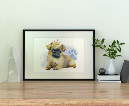 Pug Dog with Crown Watercolor Graphic Wall Art Room Deco Printable
