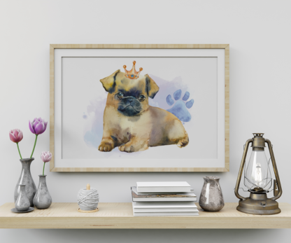 Pug Dog with Crown Watercolor Graphic Wall Art Room Deco Printable