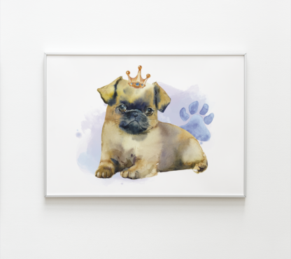 Pug Dog with Crown Watercolor Graphic Wall Art Room Deco Printable