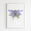 Dragonfly with Flowers Watercolor Graphic Wall Art Room Deco (Purple/Violet)