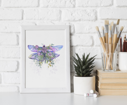 Dragonfly with Flowers Watercolor Graphic Wall Art Room Deco (Purple/Violet)