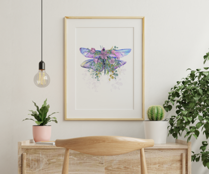Dragonfly with Flowers Watercolor Graphic Wall Art Room Deco (Purple/Violet)