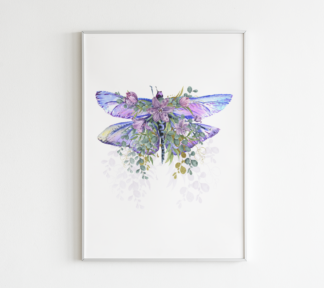 Dragonfly with Flowers Watercolor Graphic Wall Art Room Deco (Purple/Violet)
