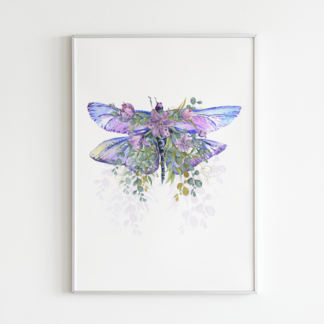 Dragonfly with Flowers Watercolor Graphic Wall Art Room Deco (Purple/Violet)