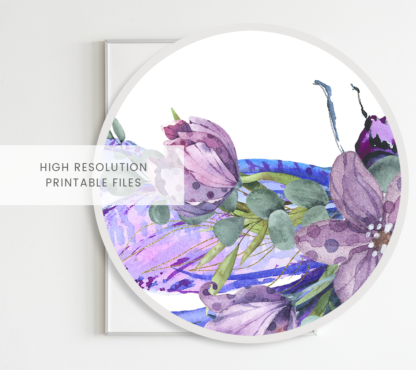 Dragonfly with Flowers Watercolor Graphic Wall Art Room Deco (Purple/Violet)