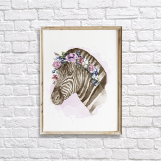 Zebra with Flowers Watercolor Hand Drawn Wall Art Room Decor Graphic