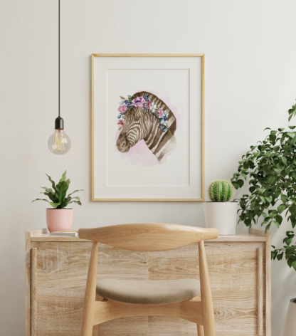 Zebra with Flowers Watercolor Hand Drawn Wall Art Room Decor Graphic