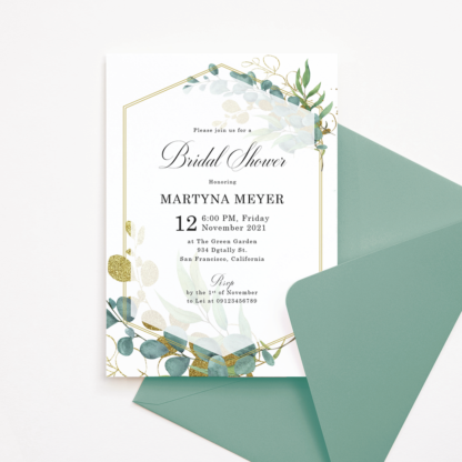 Bridal Shower Invitation Template with Gold & Green Watercolor Eucalyptus Leaves