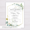 Bridal Shower Invitation Template with Gold & Green Watercolor Eucalyptus Leaves