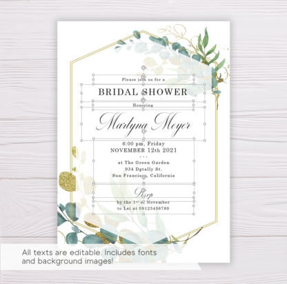 Bridal Shower Invitation Template with Gold & Green Watercolor Eucalyptus Leaves